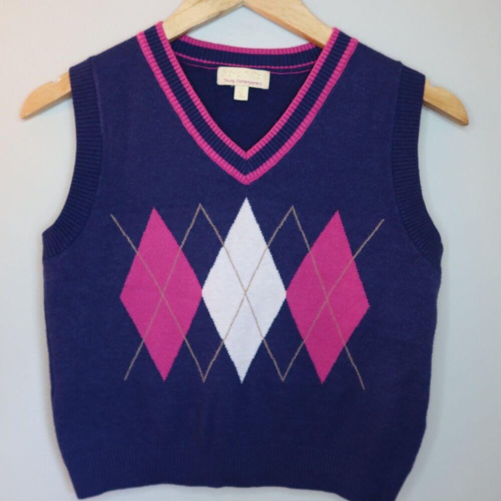 Sage & Oak Sweater Womens M Blue V-Neck Sleeveless Ribbed Trim Contrast Tipping